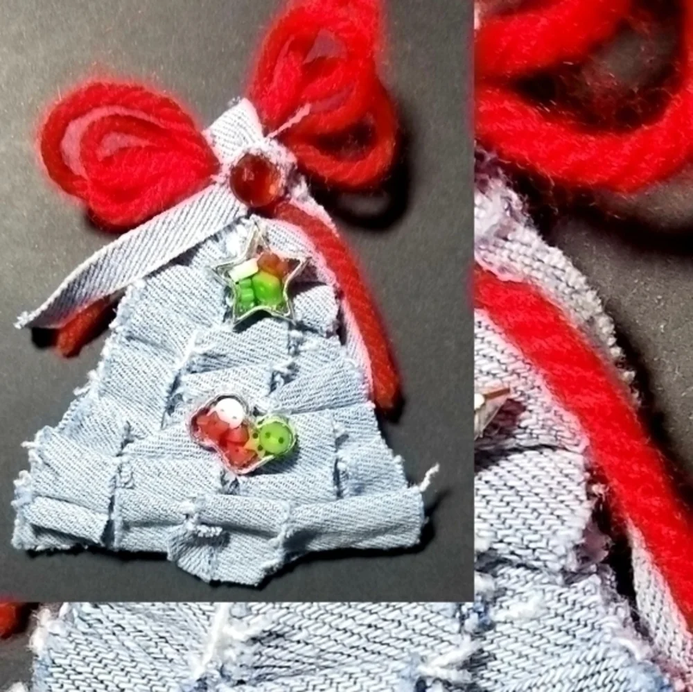 TASTY RAW EDGE DENIM HOLIDAY TREE BROOCH- 